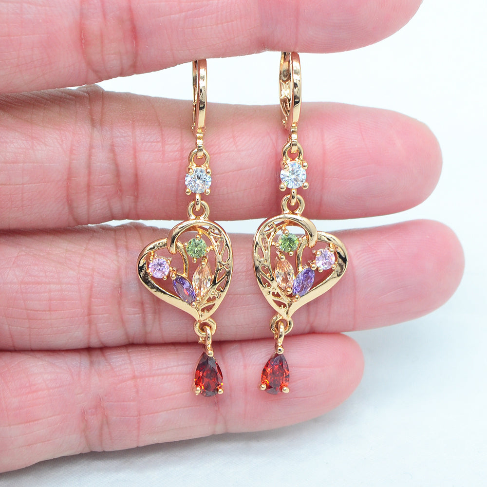 Wholesale Gold Plated Women Rainbow Zircon CZ Love Hearts Dangle Earrings Jewelry