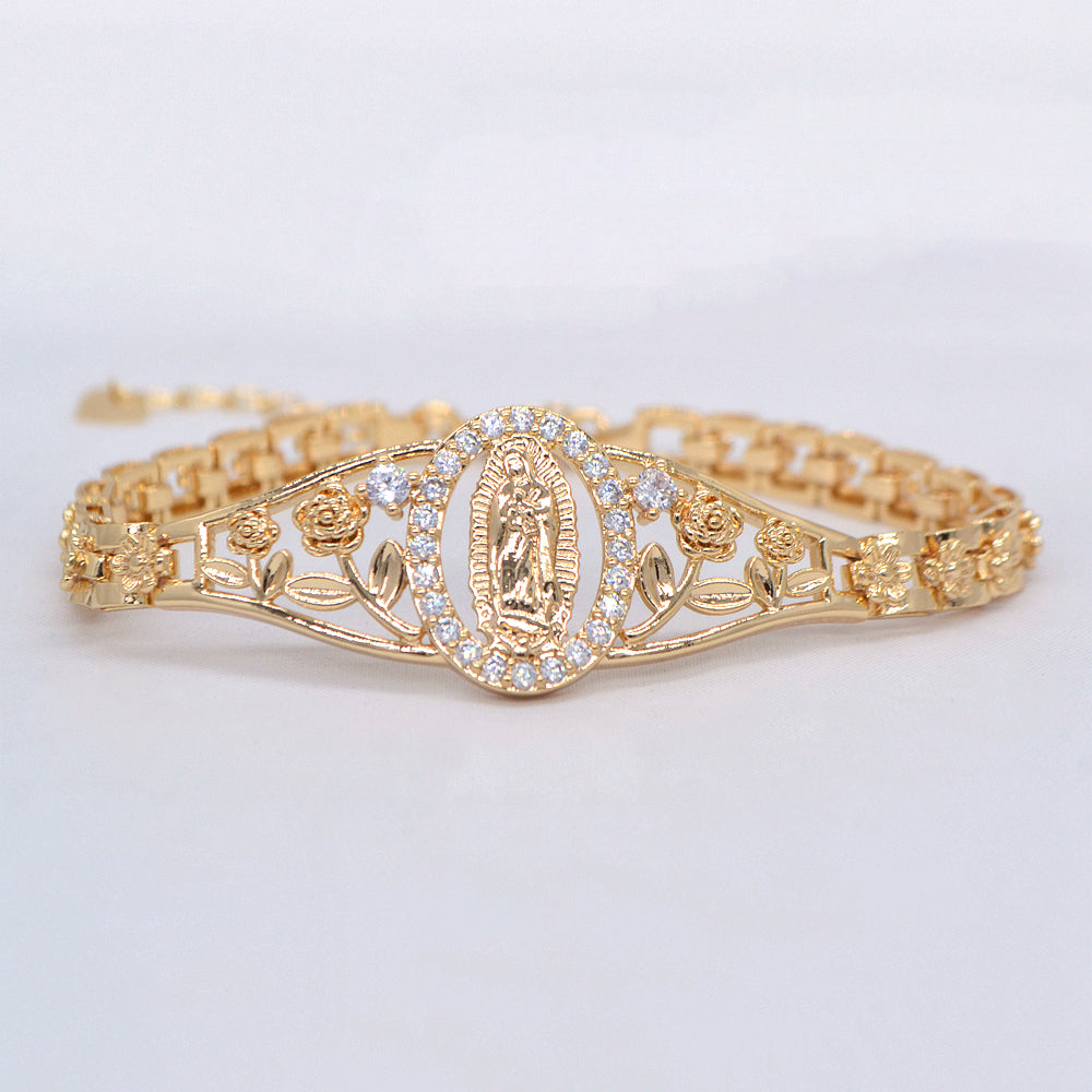 Wholesale Gold Plated Women Multicolor Zircon CZ Catholic Virgin Mary Charm Bracelet Jewelry