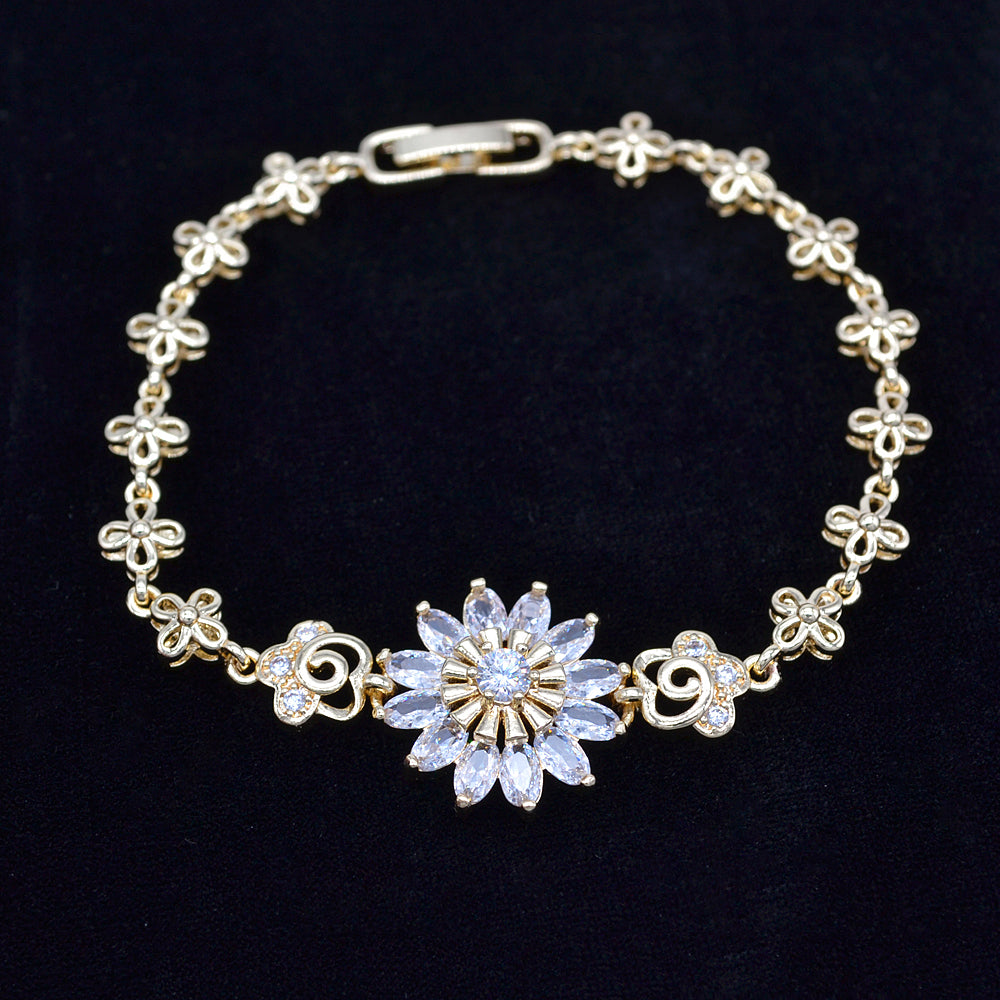 Wholesale Gold Plated Women Clear Zircon CZ Blossom Sunflower Charm Bracelet Jewelry