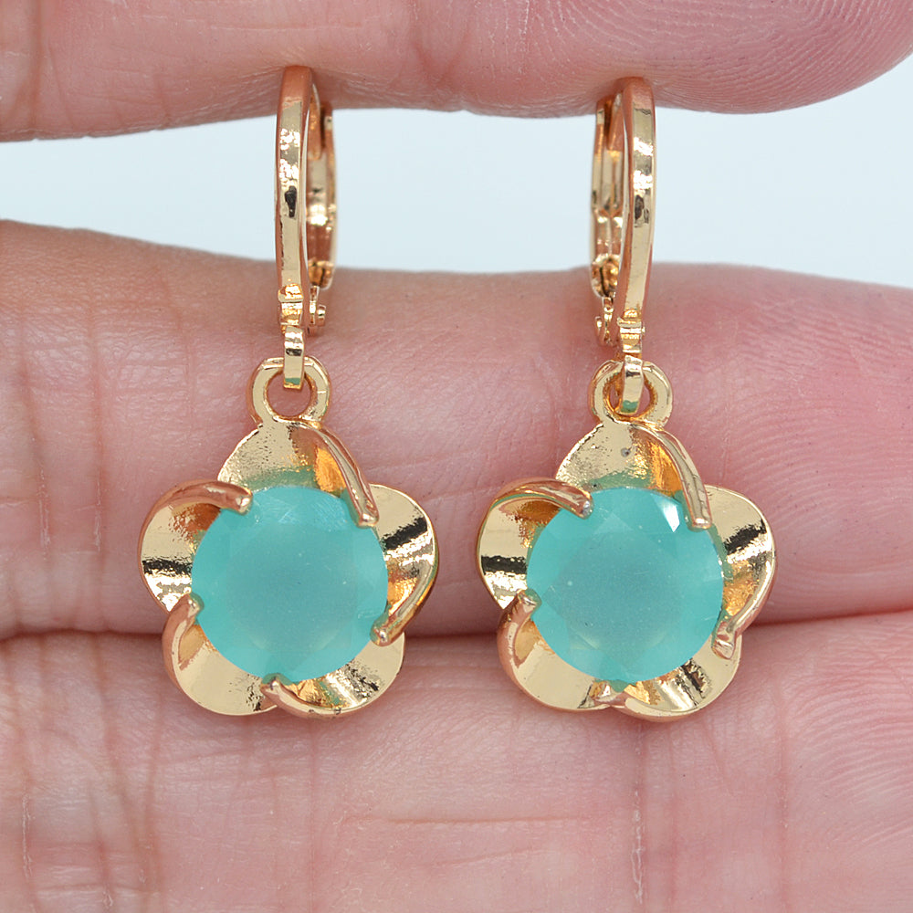 Wholesale Gold Plated Women Blue Zircon CZ Graceful Flower Dangle Earrings Jewelry