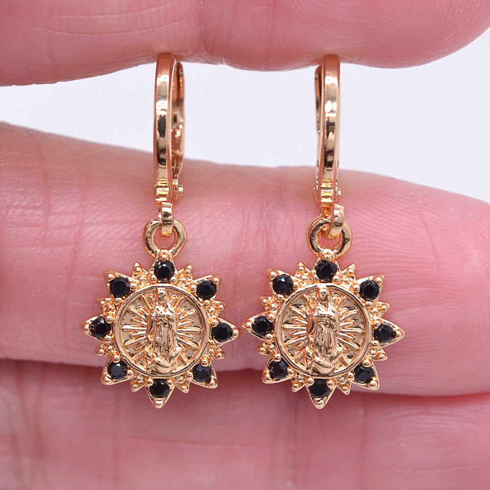 Wholesale Gold Plated Women Clear Zircon CZ Catholic Virgin Mary Dangle Earrings Jewelry