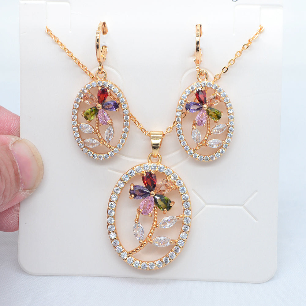 Wholesale Gold Plated Women Fashion Clear Zircon CZ Oval Flower Wedding Jewelry Set