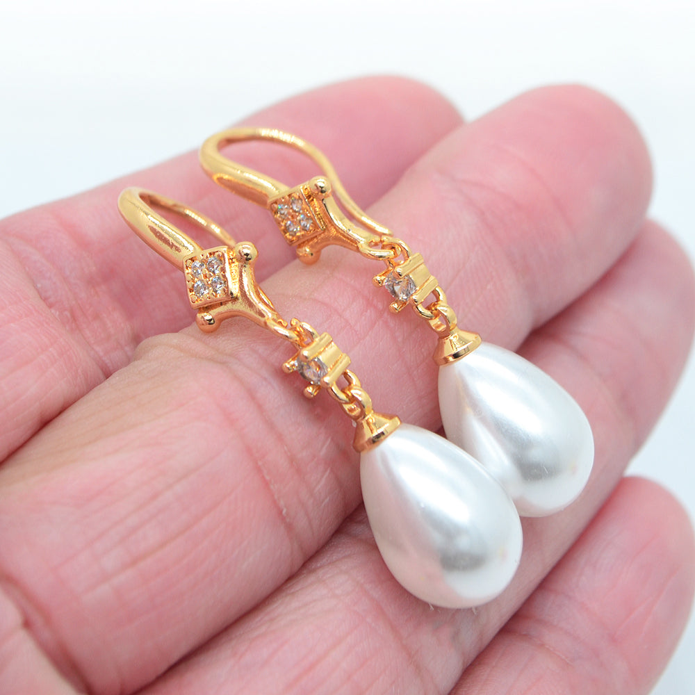 Wholesale Gold Plated Women Clear Zircon White Teardrop Pearl Dangle Earrings Jewelry