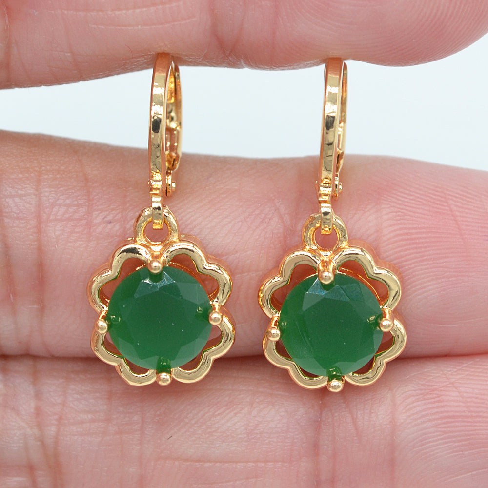 Wholesale Gold Plated Women Jade Green Zircon CZ Flower Dangle Earrings Jewelry