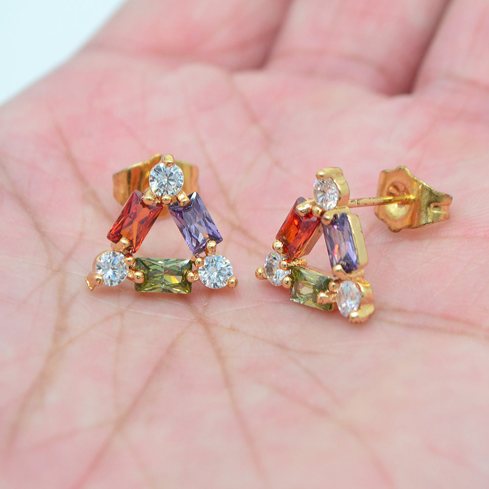 Wholesale Gold Plated Women Multicolor Zircon CZ Triangle Stud Earrings Jewelry