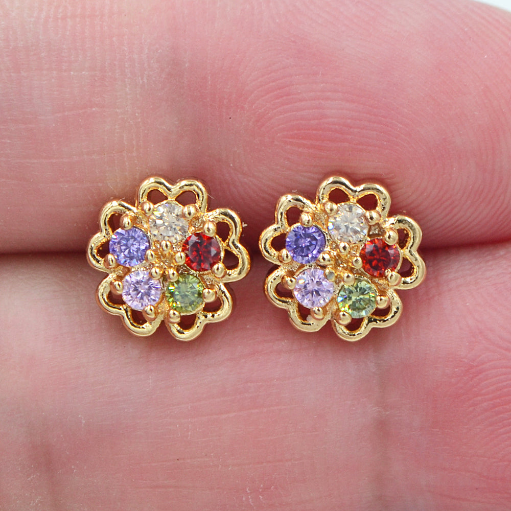 Wholesale Gold Plated Women Multicolor Zircon CZ Adorable Flower Stud Earrings Jewelry