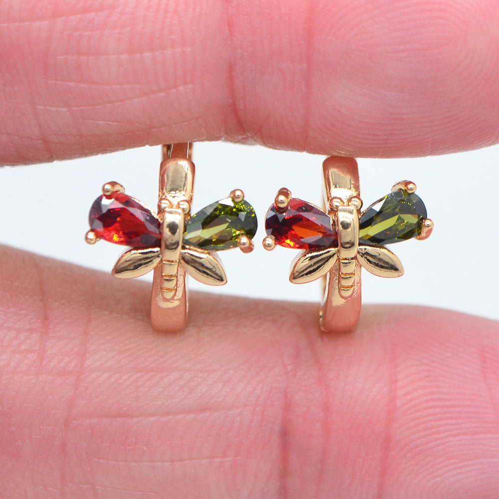 Wholesale Gold Plated Women Multicolor Zircon CZ Dragonfly Huggie Earrings Jewelry