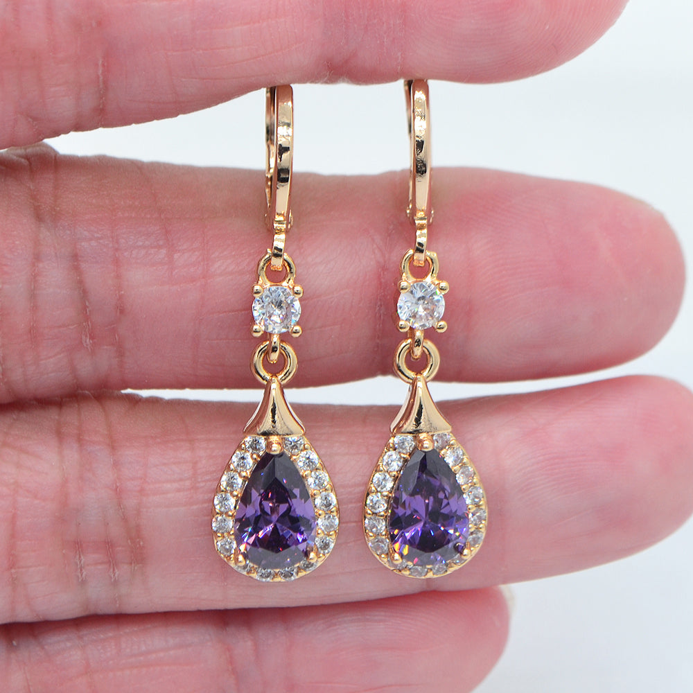 Wholesale Gold Plated Women Purple Zircon CZ Teardrop Dangle Earring Jewelry