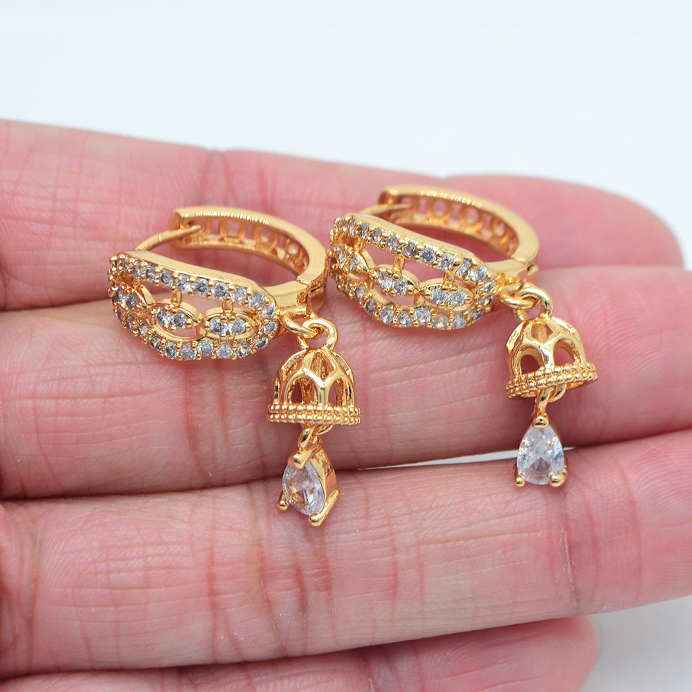 Wholesale Gold Plated Women Luxury Clear Zircon CZ Bell Dangle Huggie Earrings Jewelry
