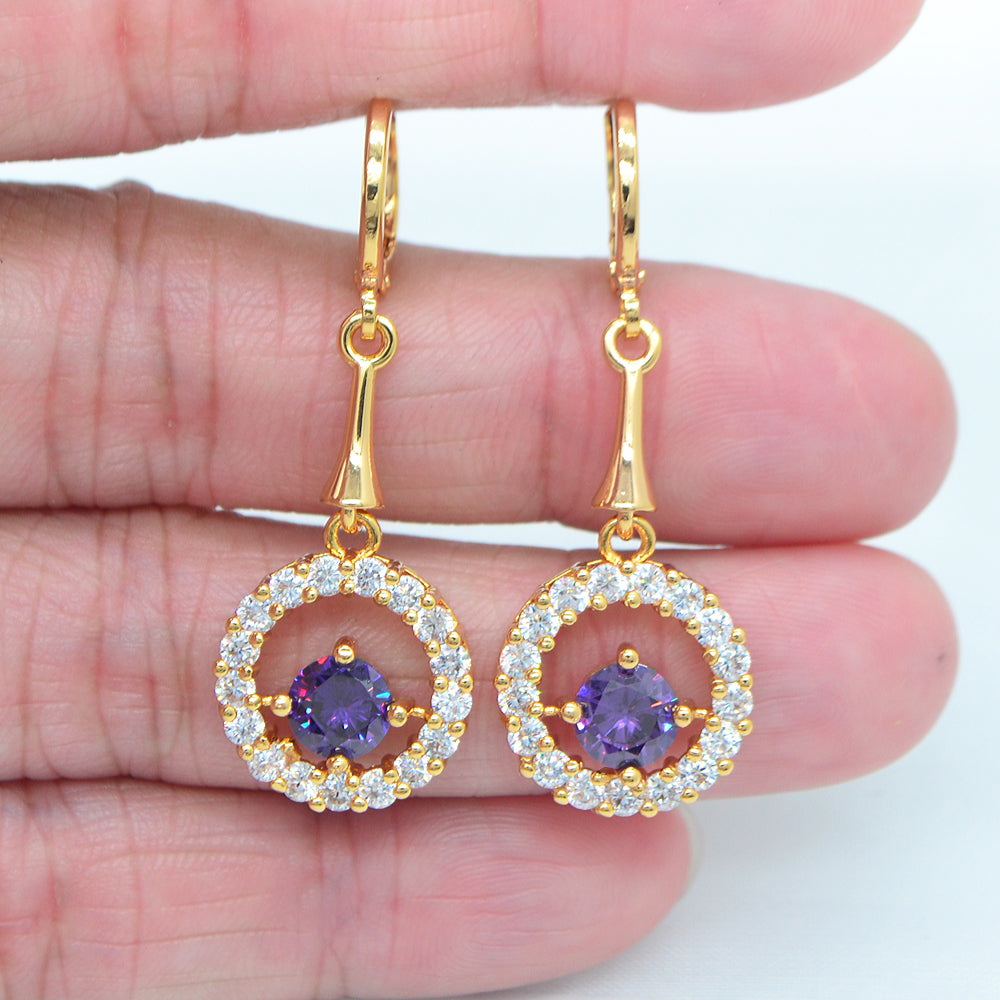 Wholesale Gold Plated Women Purple Zircon CZ Hollow Round Dangle Earring Jewelry