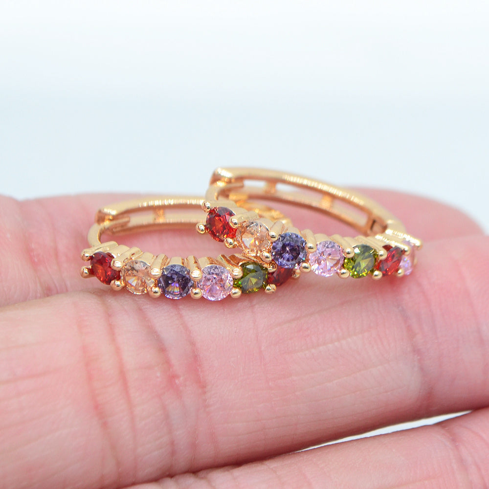 Wholesale Gold Plated Women Multicolor Round Zircon CZ Hoop Huggie Earrings Jewelry
