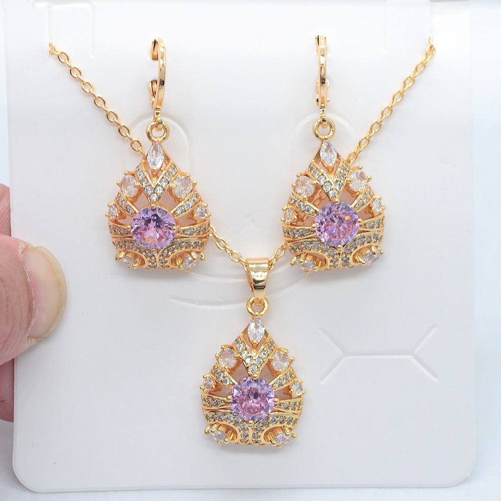 Wholesale Gold Plated Women Fashion Green Zircon CZ Water Drop Jewelry Set