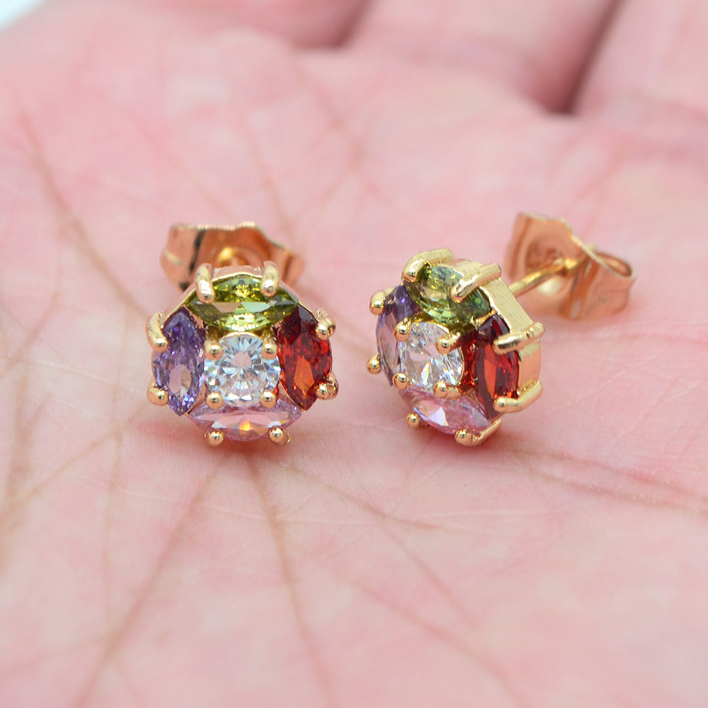 Wholesale Gold Plated Women Multicolor Zircon CZ Round Stud Earrings Jewelry