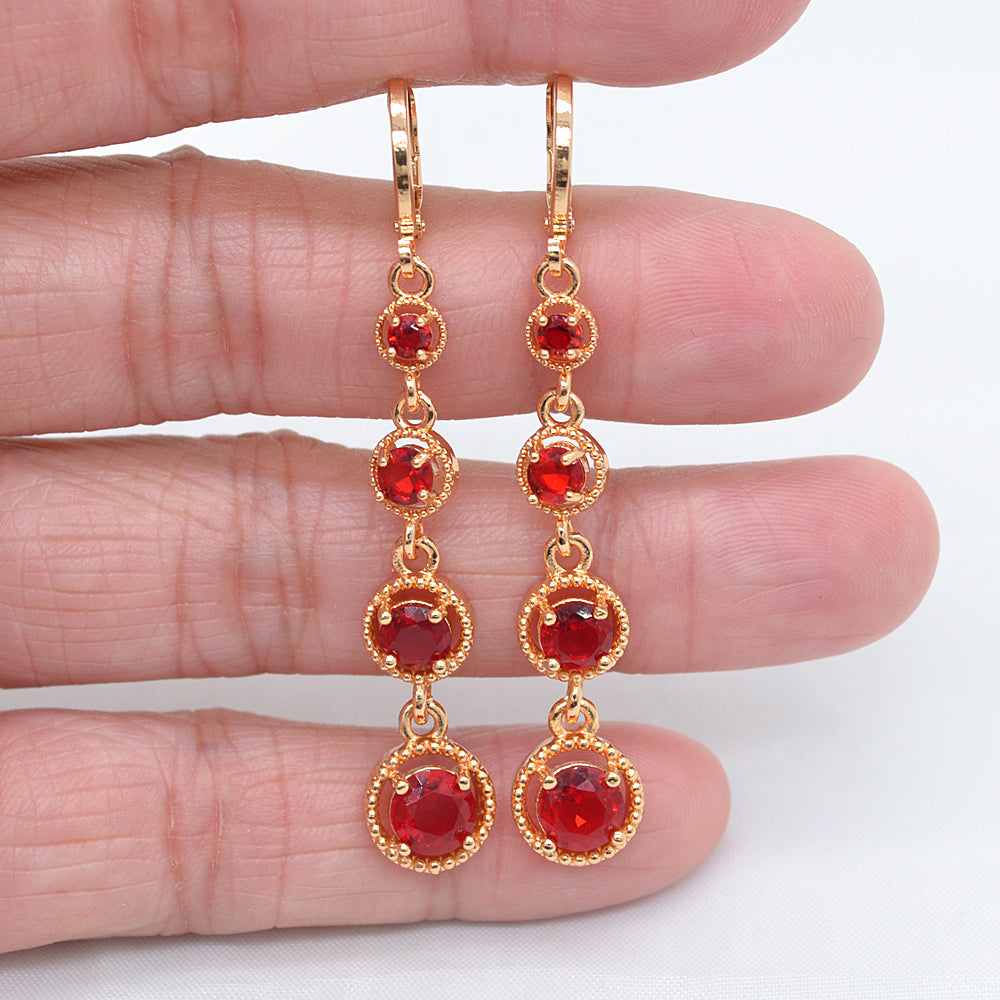 Wholesale Gold Plated Women Red Zircon CZ Long Round Dangle Earrings Jewelry