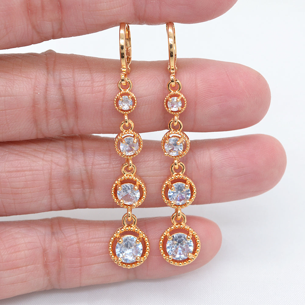 Wholesale Gold Plated Women Red Zircon CZ Long Round Dangle Earrings Jewelry