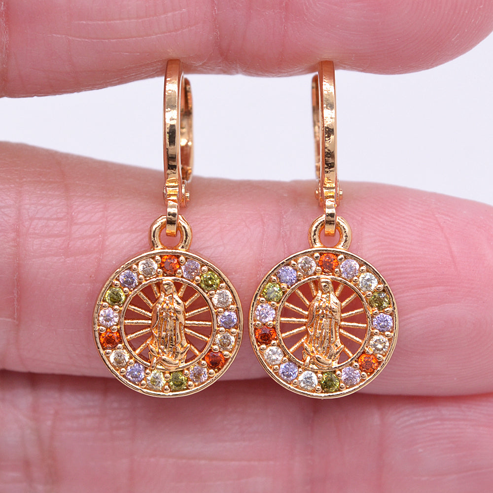 Wholesale Gold Plated Women Multicolor Zircon CZ Catholic Virgin Mary Round Dangle Earrings Jewelry