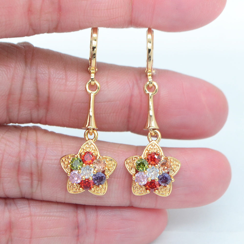 Wholesale Gold Plated Women Multicolor Zircon CZ Charming Flower Dangle Earring Jewelry