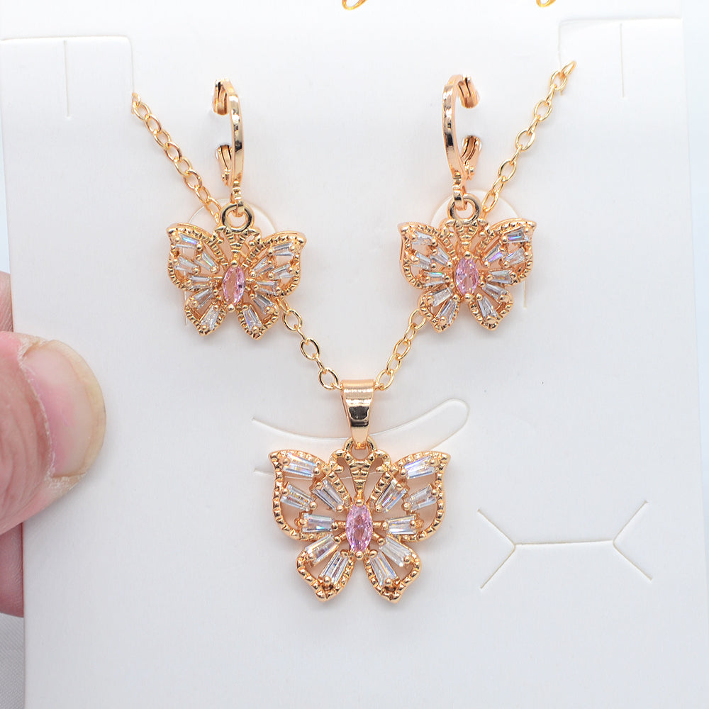 Wholesale Gold Plated Women Trendy Multicolor Zircon CZ Butterfly Jewelry Set