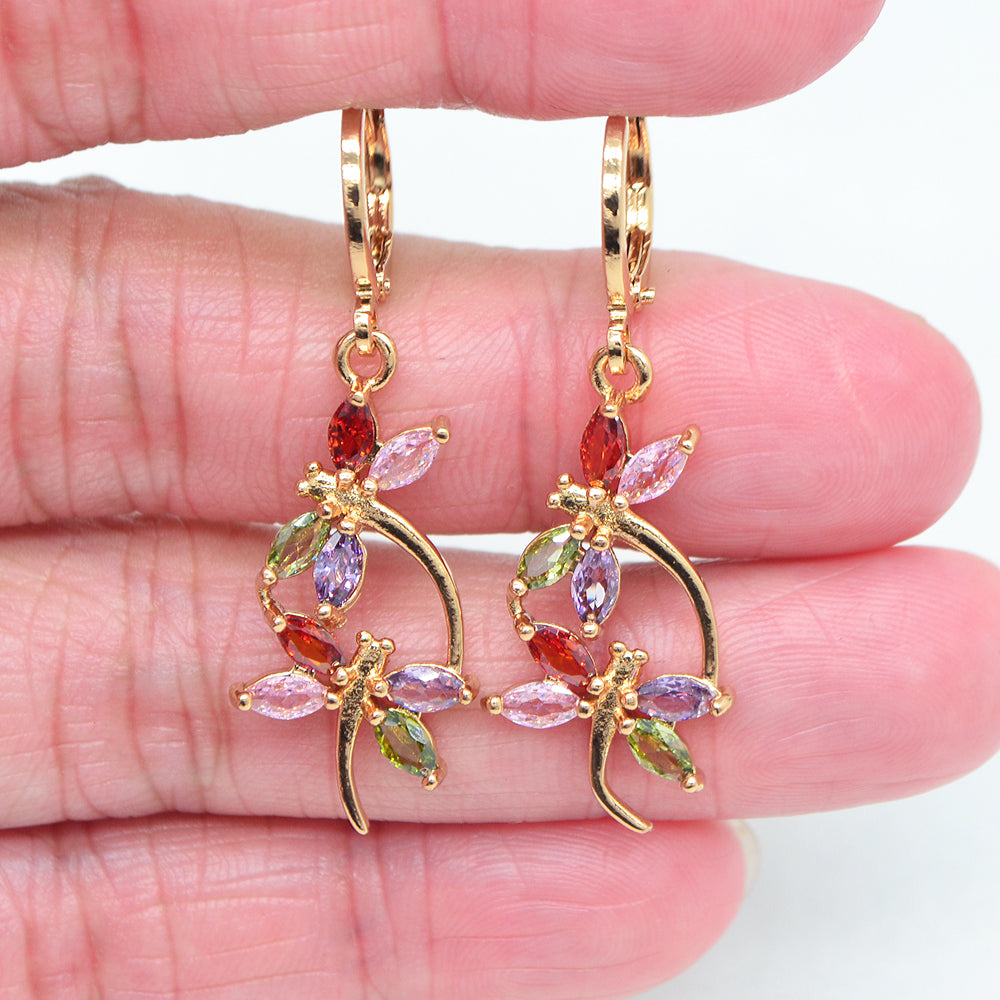 Wholesale Gold Plated Women Clear Cubic Zirconia CZ Dragonfly Dangle Earrings Jewelry