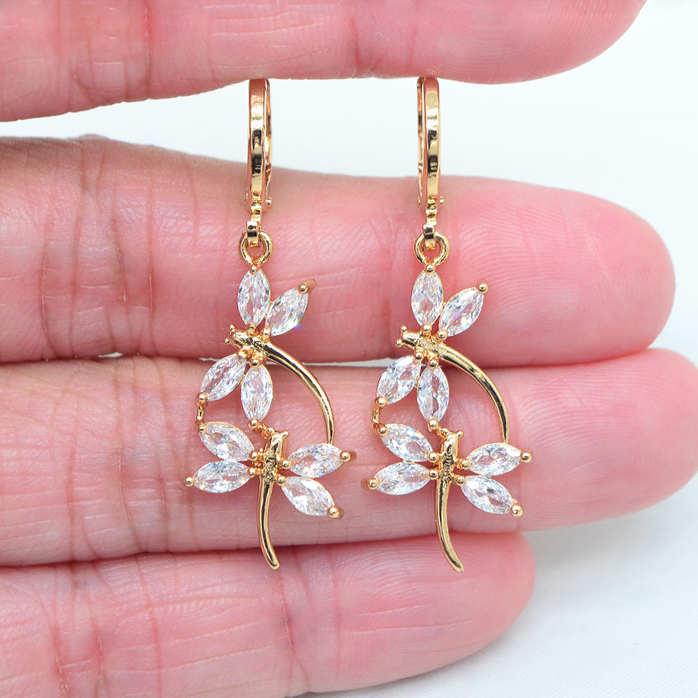 Wholesale Gold Plated Women Clear Cubic Zirconia CZ Dragonfly Dangle Earrings Jewelry