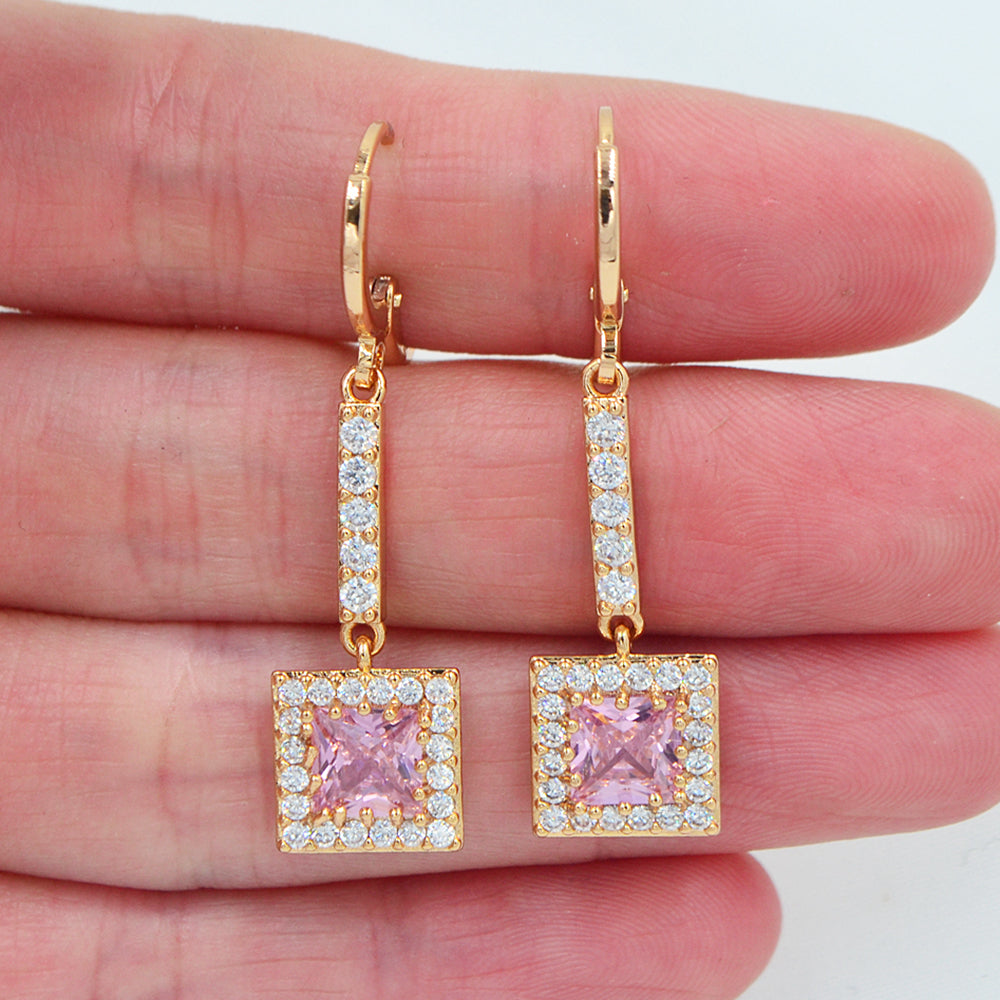 Wholesale Gold Plated Women Purple Zircon CZ Square Block Dangle Earrings Jewelry
