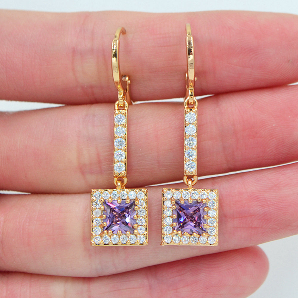 Wholesale Gold Plated Women Purple Zircon CZ Square Block Dangle Earrings Jewelry