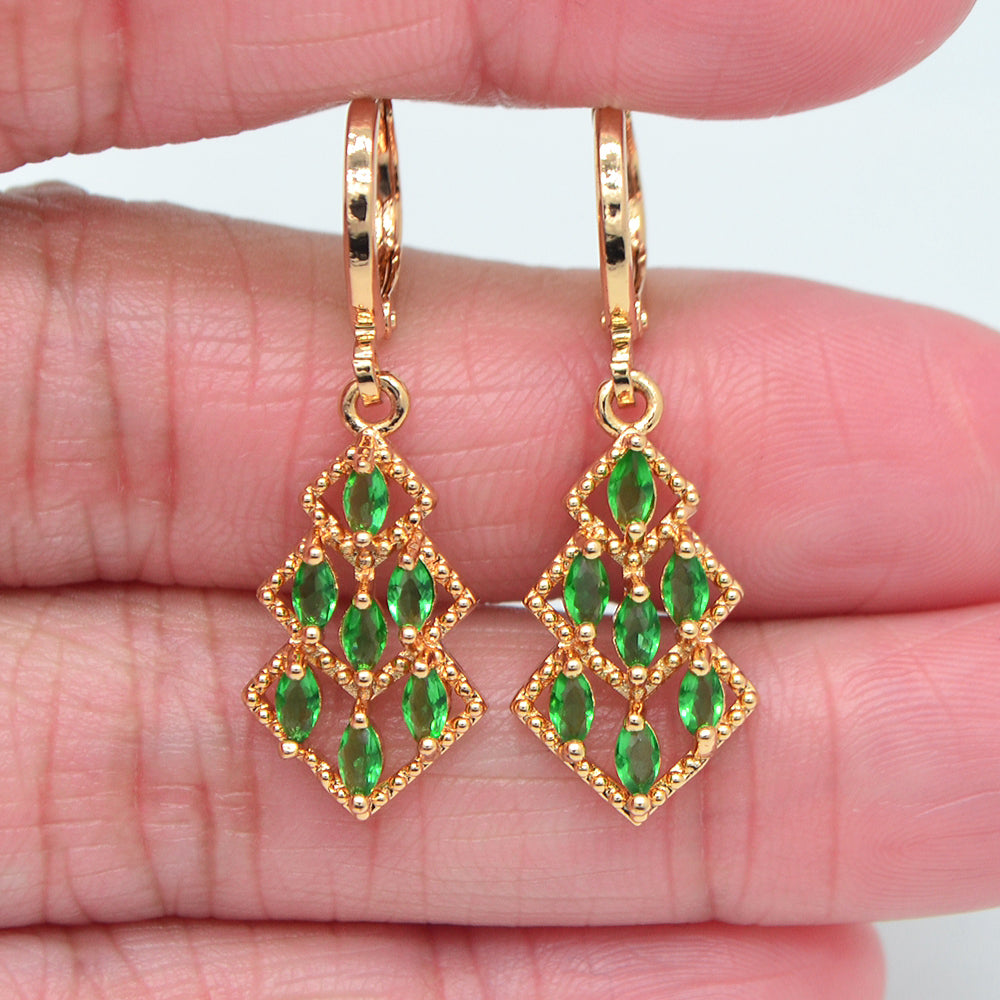 Wholesale Gold Plated Women Green Cubic Zirconia CZ Lozenge Dangle Earrings Jewelry