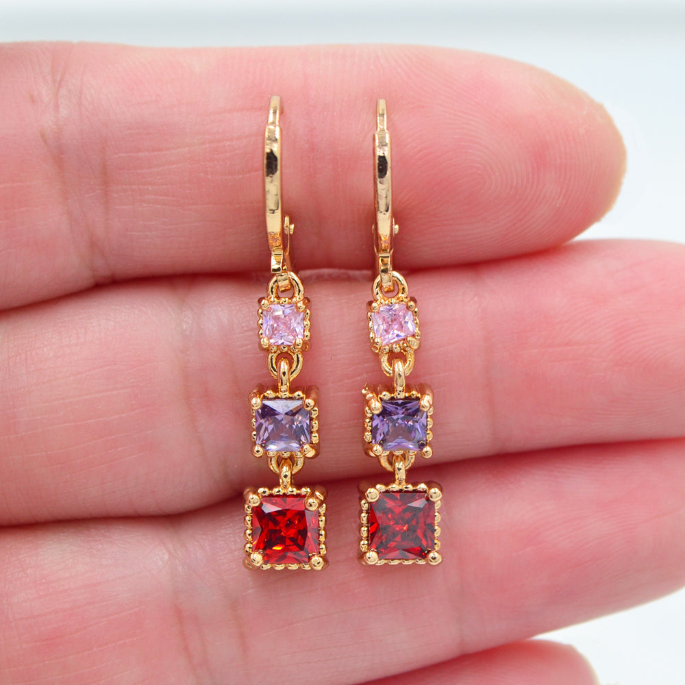 Wholesale Gold Plated Women Lake Blue Zircon CZ Square Blocks Dangle Earrings Jewelry
