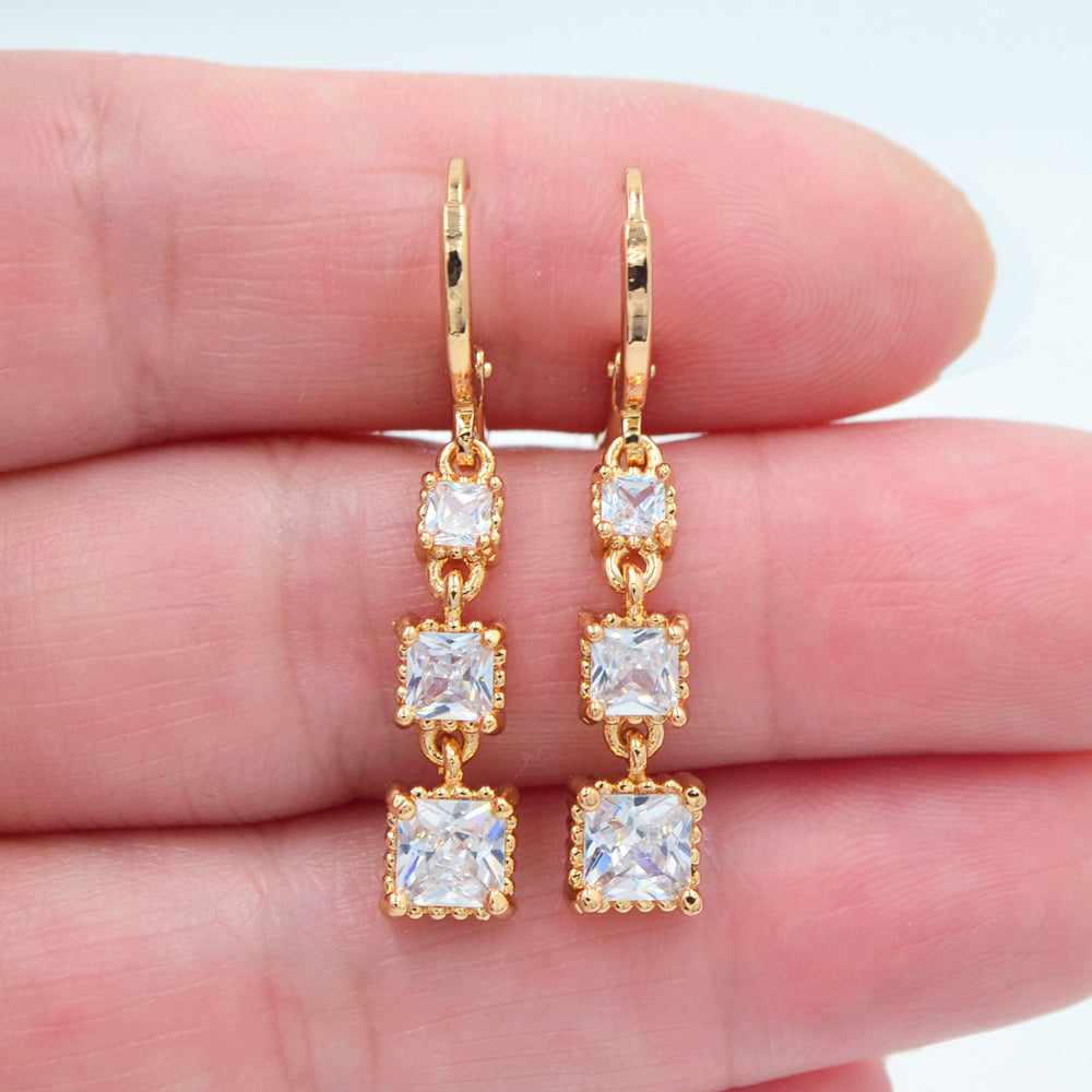 Wholesale Gold Plated Women Lake Blue Zircon CZ Square Blocks Dangle Earrings Jewelry