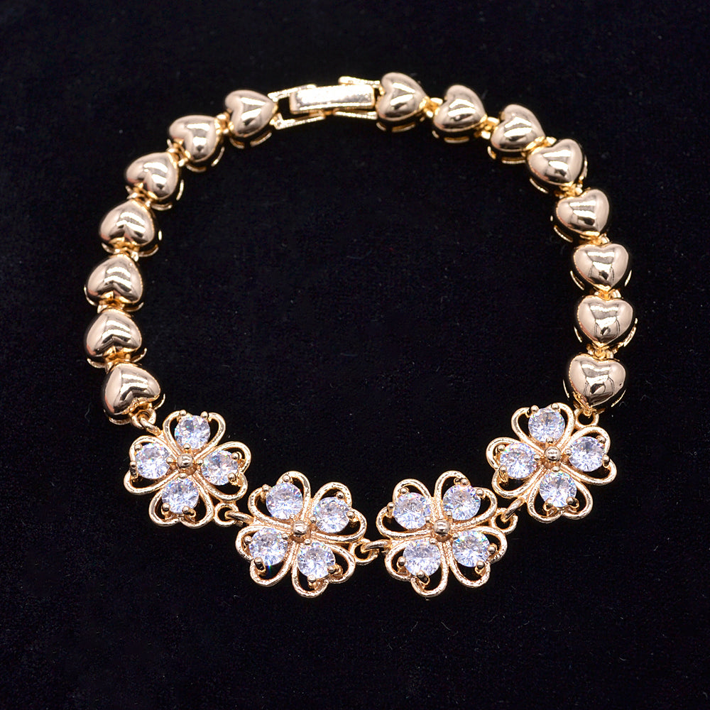 Wholesale Gold Plated Women Clear Zircon CZ Flower Charms Bracelet Jewelry