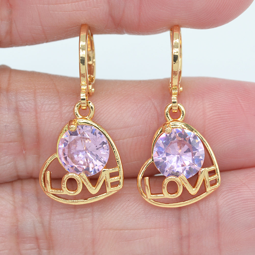 Wholesale Gold Plated Women Clear Zircon CZ Hollow Love Heart Dangle Earrings Jewelry
