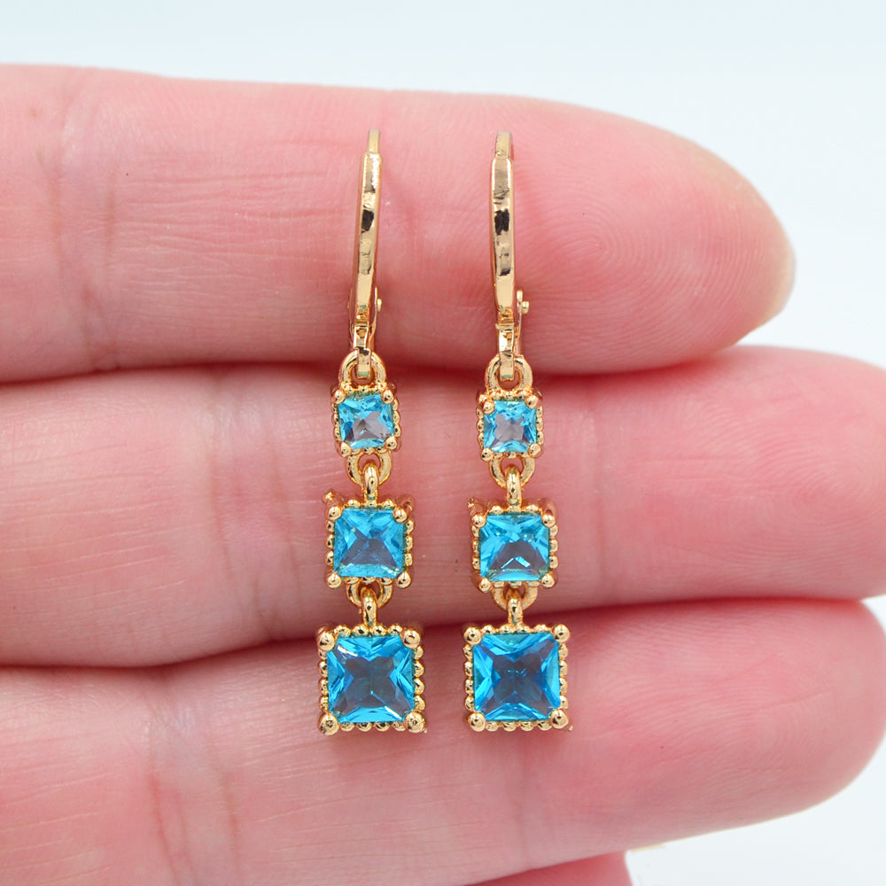 Wholesale Gold Plated Women Lake Blue Zircon CZ Square Blocks Dangle Earrings Jewelry
