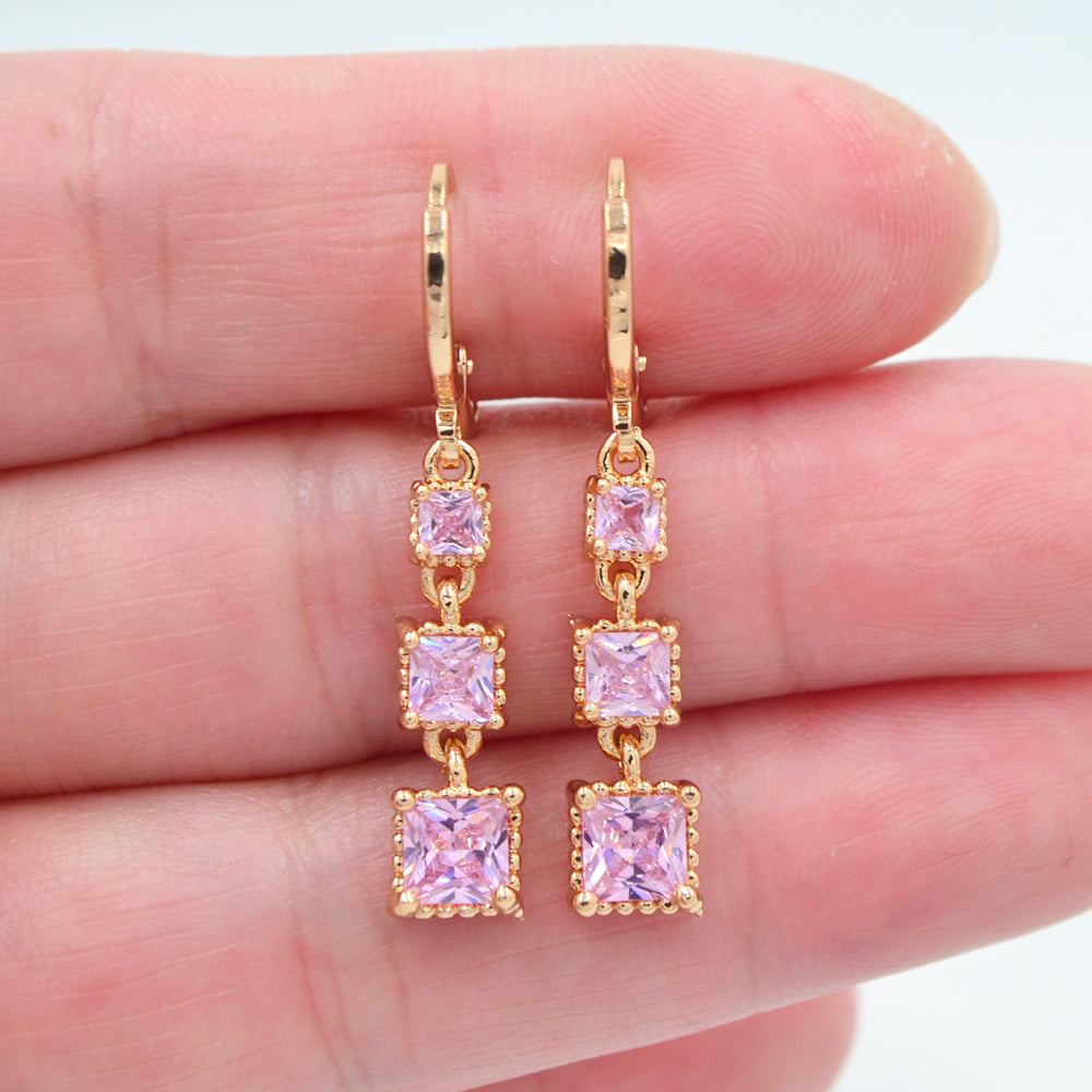 Wholesale Gold Plated Women Lake Blue Zircon CZ Square Blocks Dangle Earrings Jewelry