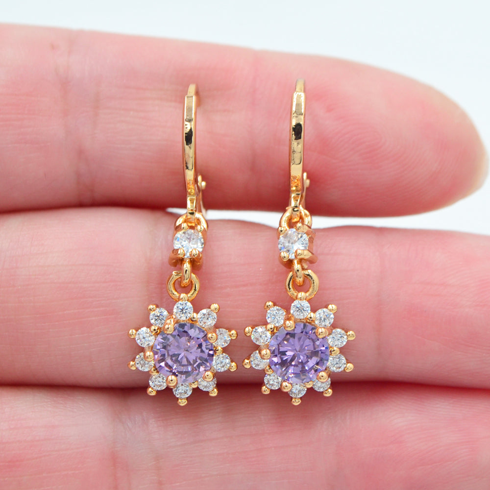Wholesale Gold Plated Women Lake Blue Zircon CZ Sunflower Dangle Earrings Jewelry