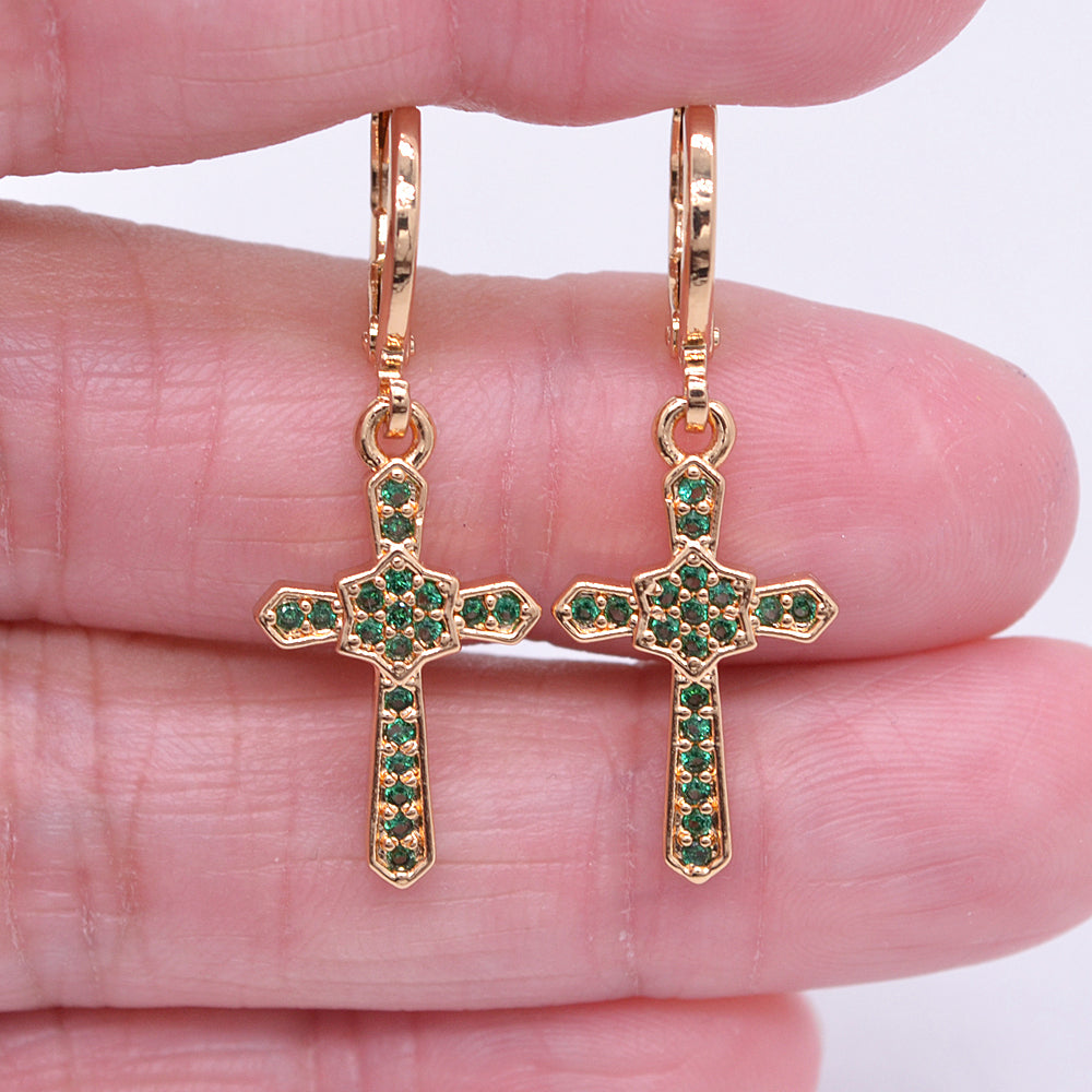 Wholesale Gold Plated Women Black Zircon CZ Cross Dangle Earrings Jewelry