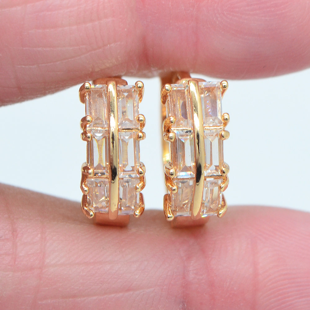 Wholesale Gold Plated Women Multicolor Zircon CZ Baguette Design Hoop Huggie Earrings Jewelry