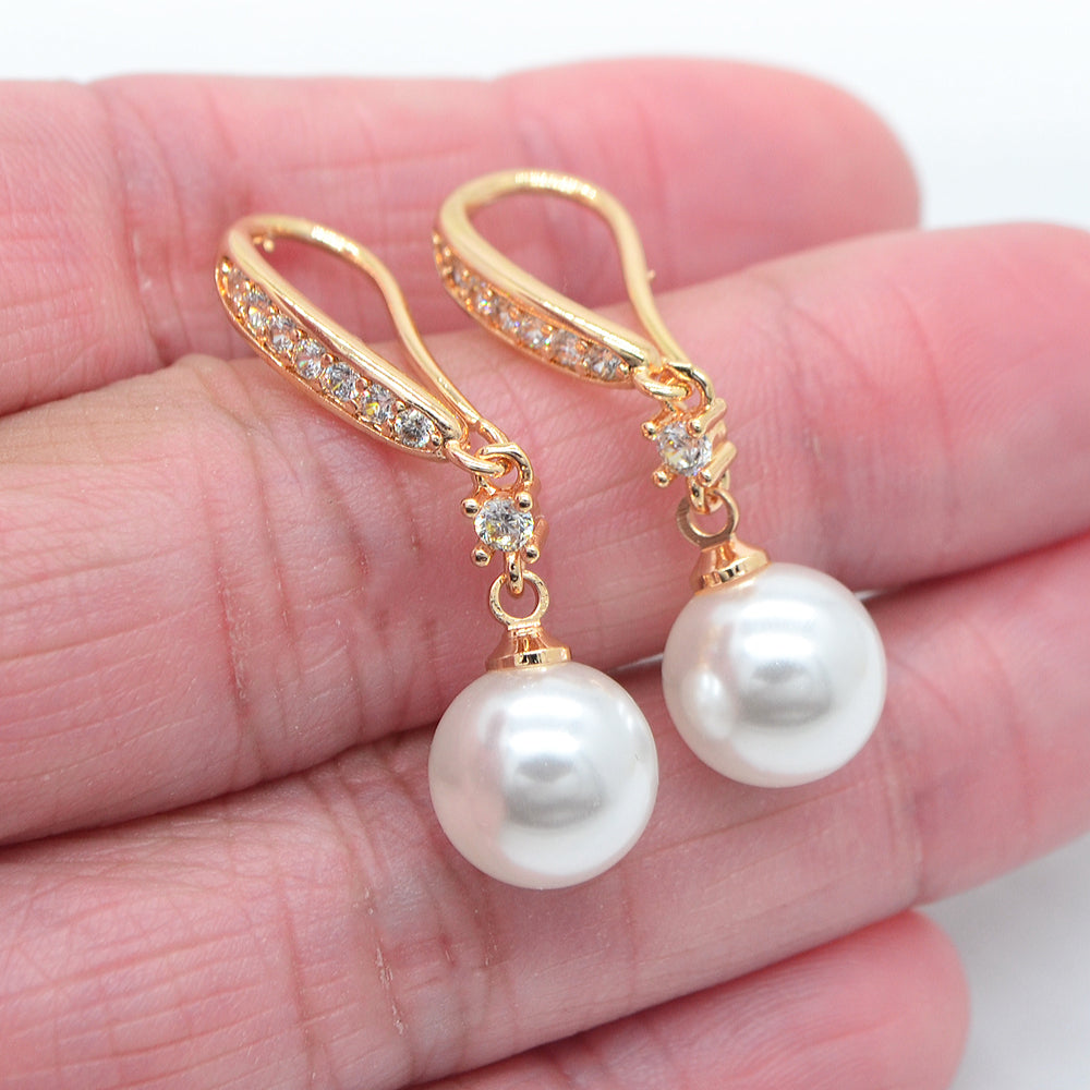 Wholesale Gold Plated Women Clear Zircon White Round Pearl Dangle Earrings Jewelry