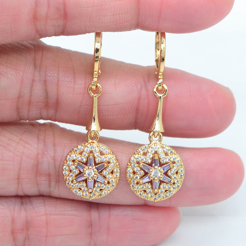 Wholesale Gold Plated Women Purple Zircon CZ Star Dome Dangle Earring Jewelry