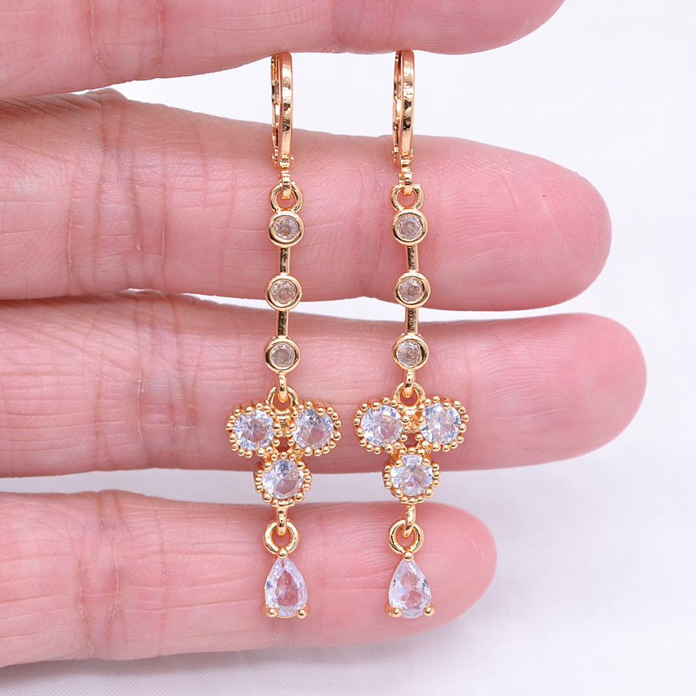 Wholesale Gold Plated Women Fashion Long Clear Zircon CZ Dangle Earrings Jewelry