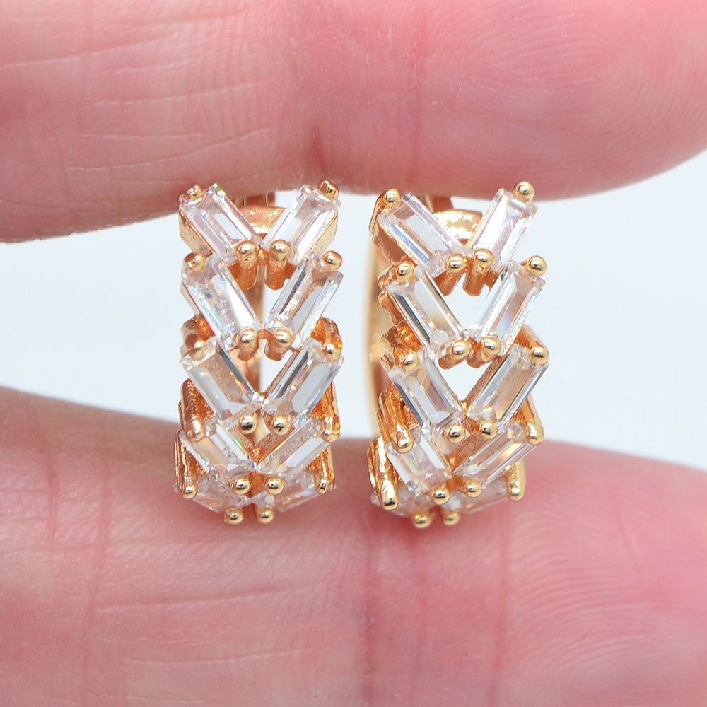 Wholesale Gold Plated Women Multicolor Zircon CZ Baguette Fence Huggie Earrings Jewelry