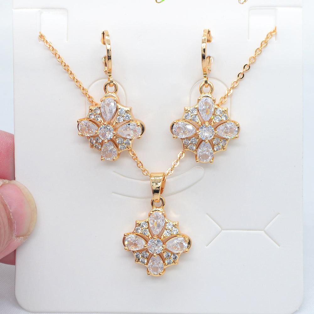 Wholesale Gold Plated Women Multicolor Zircon CZ Flower Party Jewelry Set
