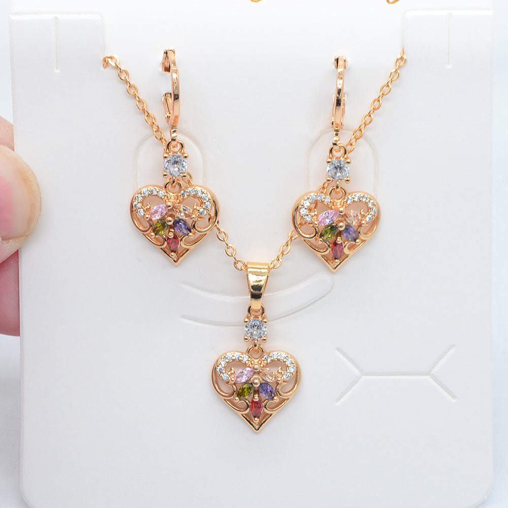 Wholesale Gold Plated Women Fashion Multicolor Zircon CZ Romantic Heart Wedding Jewelry Set