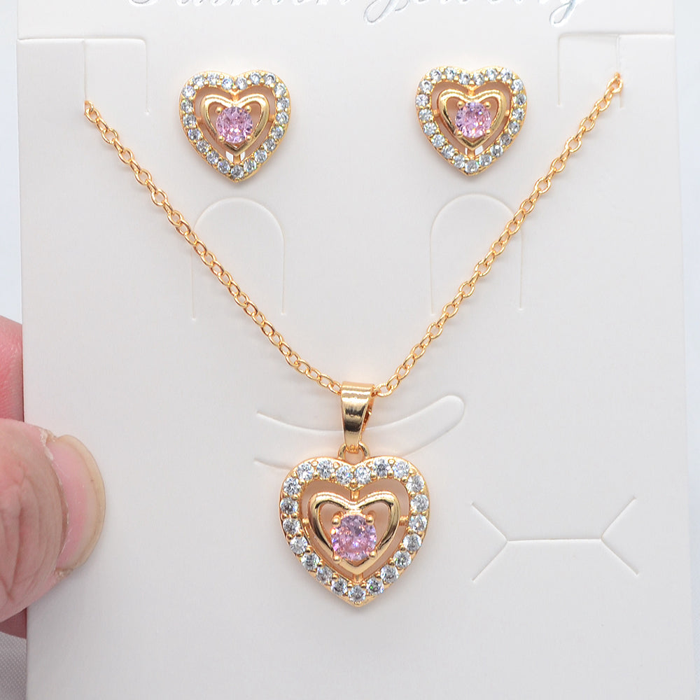 Wholesale Gold Plated Women Red Zircon CZ Love Heart Jewelry Set