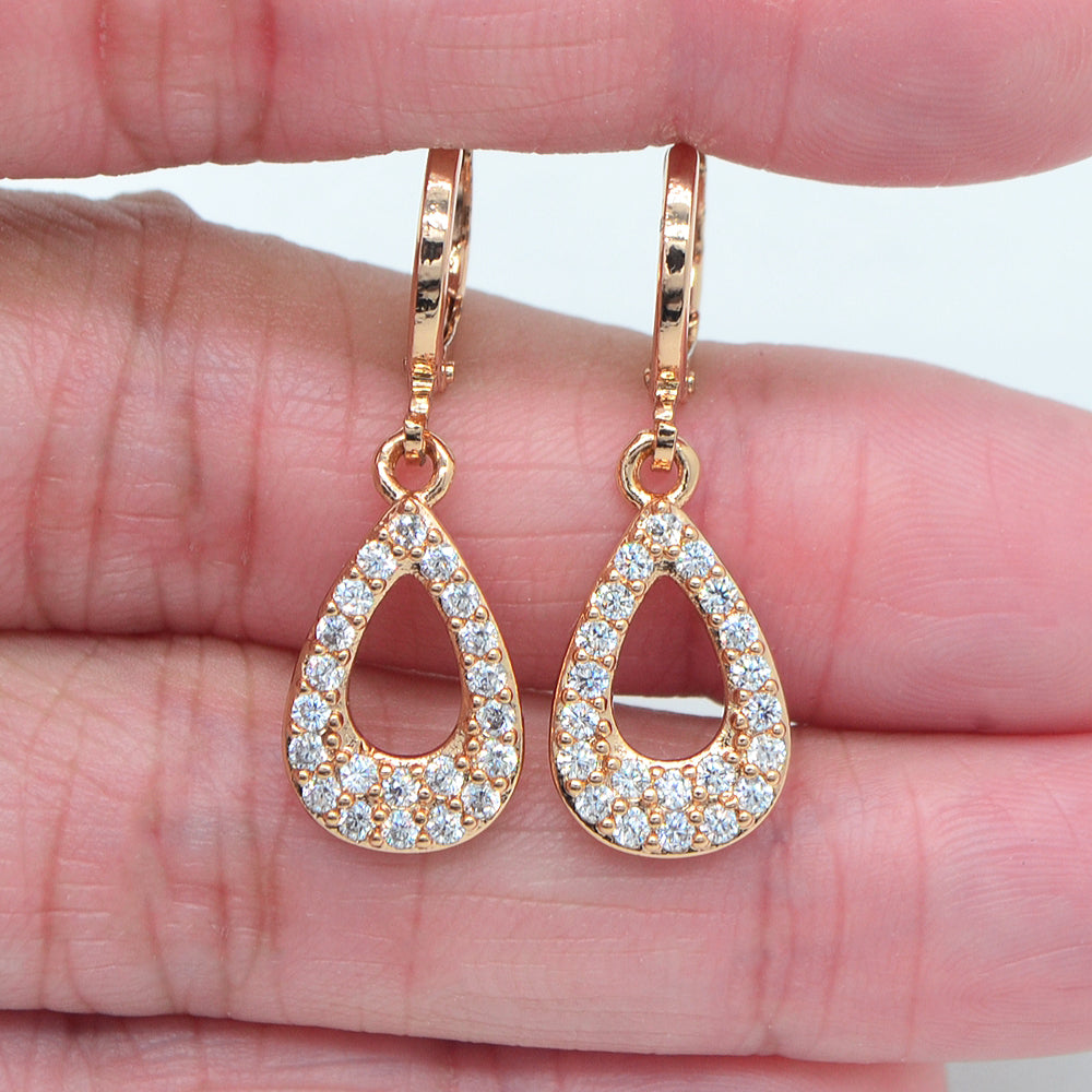 Wholesale Gold Plated Women Clear Zircon CZ Hollow Teardrop Dangle Earrings Jewelry