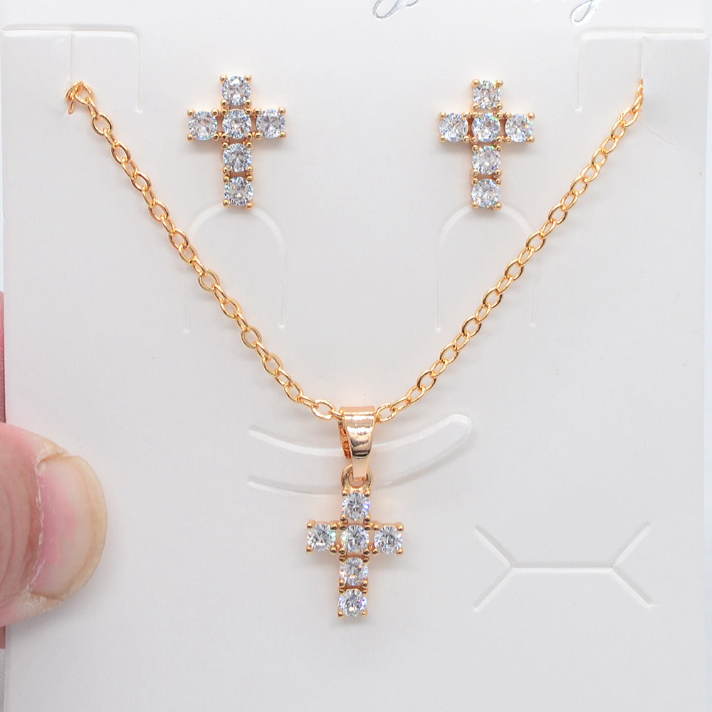 Wholesale Gold Plated Women Fashion Multicolor Zircon CZ Cross Jewelry Set