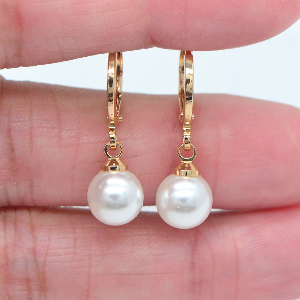 Wholesale Gold Plated Women White Round Pearl Dangle Earrings Jewelry