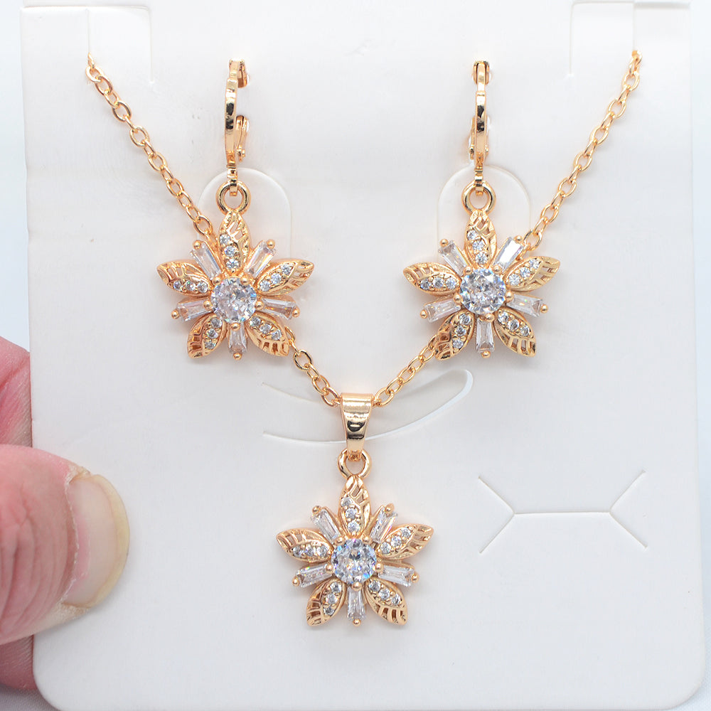 Wholesale Gold Plated Women Multicolor Zircon CZ Flower Anniversary Jewelry Set