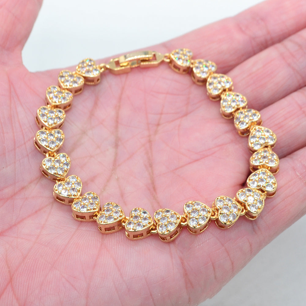 Wholesale Gold Plated Clear Zircon CZ Women Fashion Love Hearts Charm Bracelet Jewelry