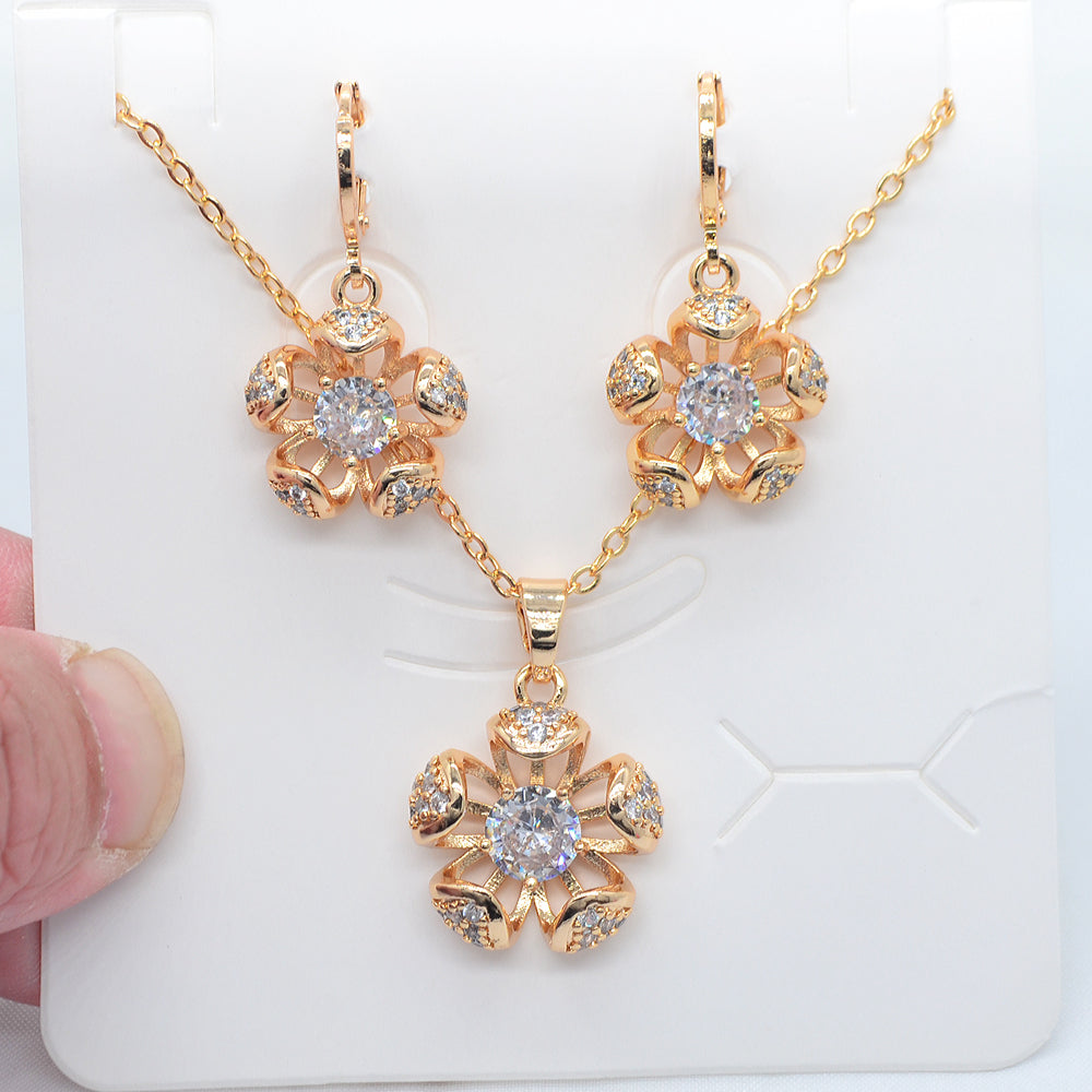 Wholesale Gold Plated Women Fashion Red Zircon CZ Hollow Flower Jewelry Set