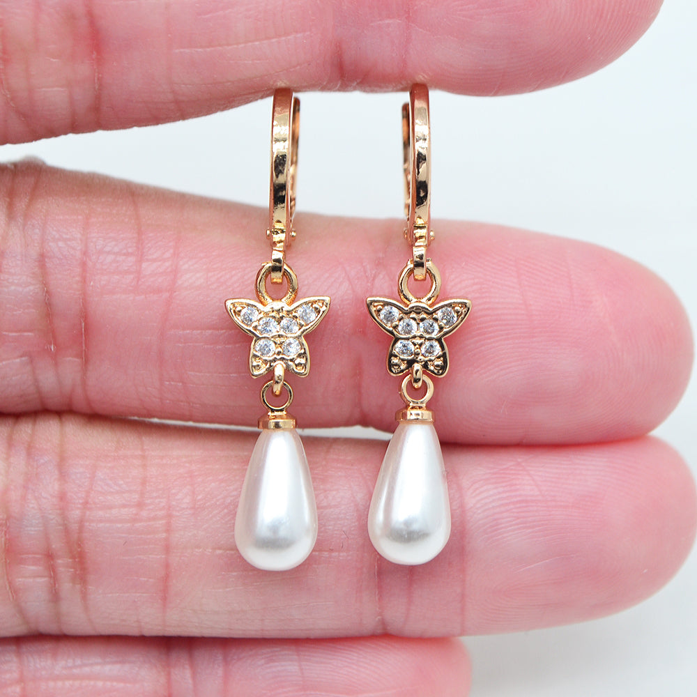 Wholesale Gold Plated Women Clear Zircon CZ Butterfly Teardrop Pearl Dangle Earrings Jewelry